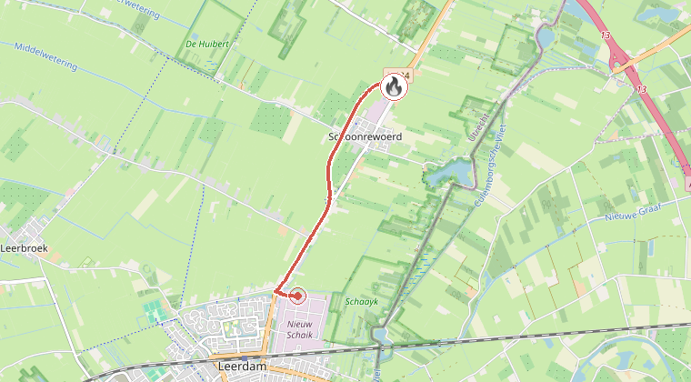 Kaart van de omgeving van de melding, met de kazerne die is gealarmeerd