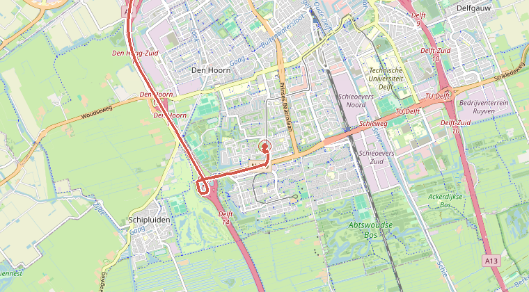 Kaart van de omgeving van de melding, met de kazerne die is gealarmeerd