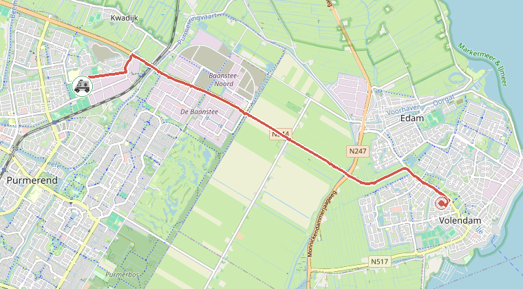 Kaart van de omgeving van de melding, met de kazerne die is gealarmeerd
