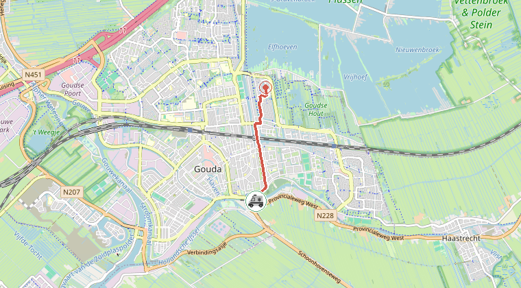 Kaart van de omgeving van de melding, met de kazerne die is gealarmeerd