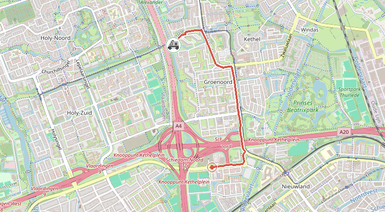 Kaart van de omgeving van de melding, met de kazerne die is gealarmeerd