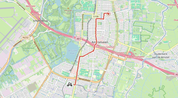 Kaart van de omgeving van de melding, met de kazerne die is gealarmeerd