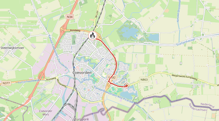Kaart van de omgeving van de melding, met de kazerne die is gealarmeerd