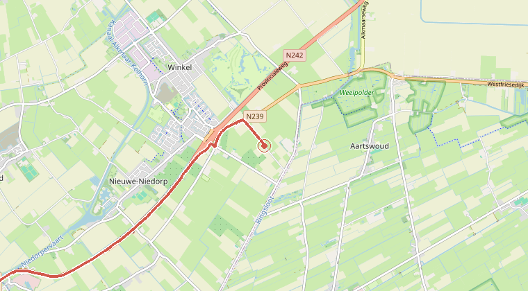 Kaart van de omgeving van de melding, met de kazerne die is gealarmeerd