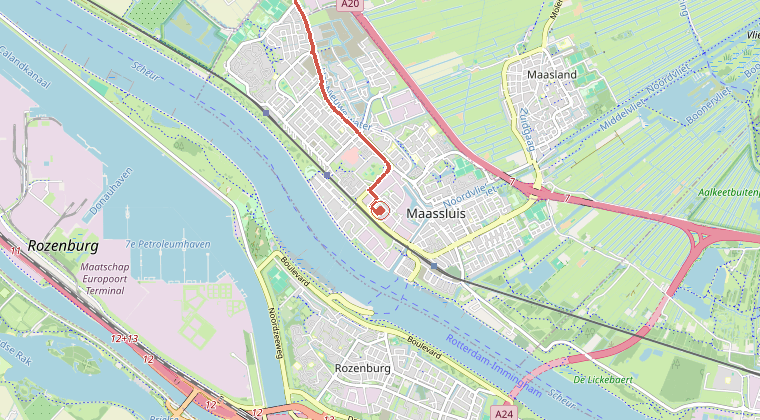 Kaart van de omgeving van de melding, met de kazerne die is gealarmeerd