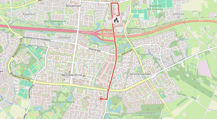 Kaart van de omgeving van de melding, met de kazerne die is gealarmeerd