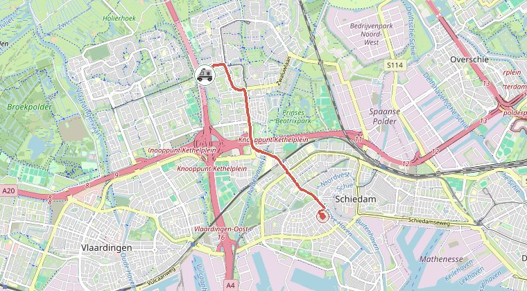 Kaart van de omgeving van de melding, met de kazerne die is gealarmeerd