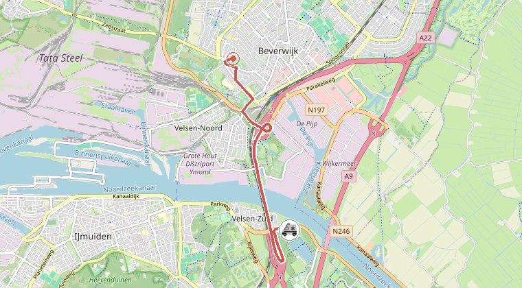 Kaart van de omgeving van de melding, met de kazerne die is gealarmeerd