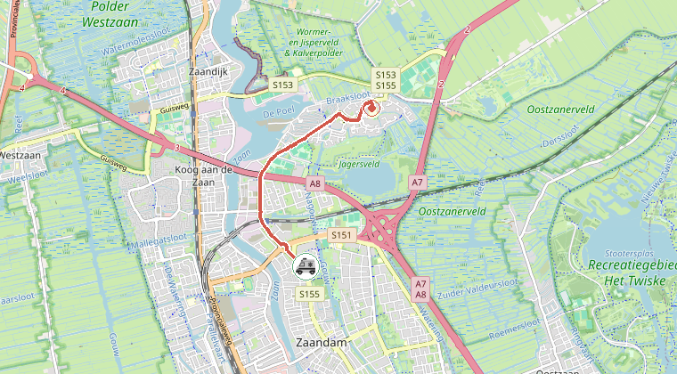 Kaart van de omgeving van de melding, met de kazerne die is gealarmeerd