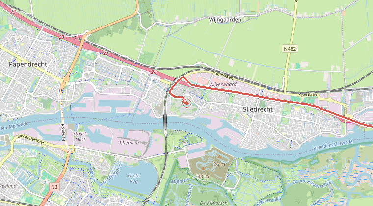 Kaart van de omgeving van de melding, met de kazerne die is gealarmeerd