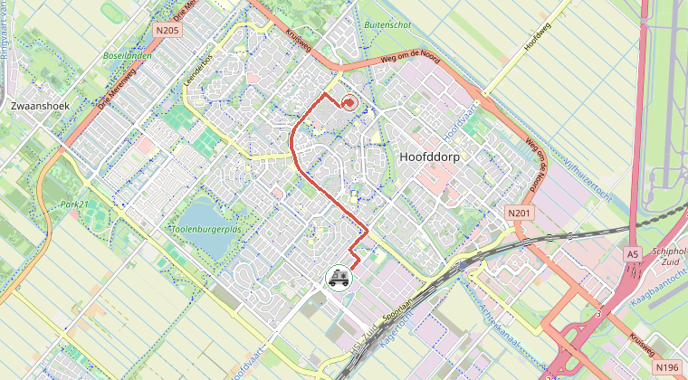 Kaart van de omgeving van de melding, met de kazerne die is gealarmeerd
