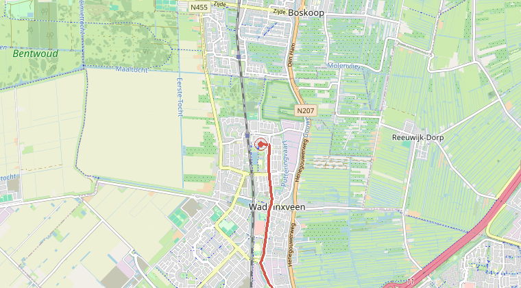 Kaart van de omgeving van de melding, met de kazerne die is gealarmeerd