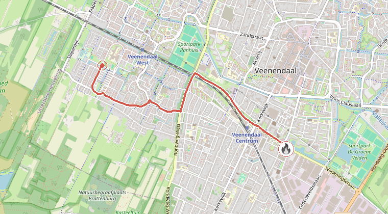 Kaart van de omgeving van de melding, met de kazerne die is gealarmeerd