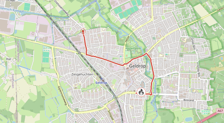 Kaart van de omgeving van de melding, met de kazerne die is gealarmeerd
