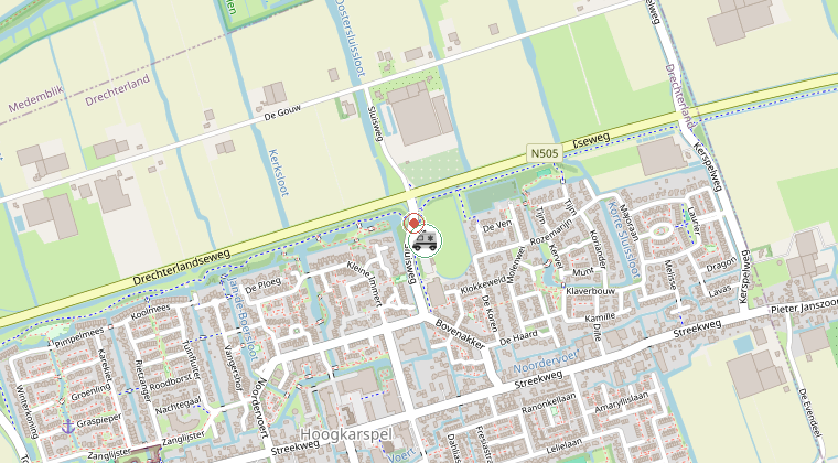 Kaart van de omgeving van de melding, met de kazerne die is gealarmeerd