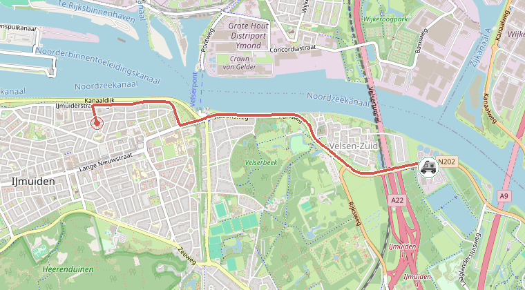 Kaart van de omgeving van de melding, met de kazerne die is gealarmeerd