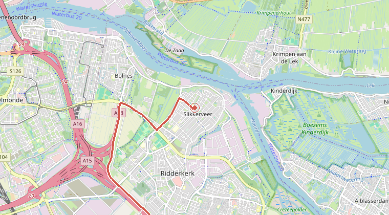 Kaart van de omgeving van de melding, met de kazerne die is gealarmeerd