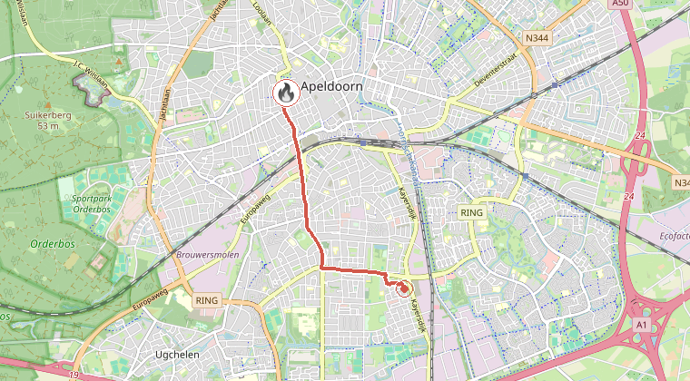 Kaart van de omgeving van de melding, met de kazerne die is gealarmeerd