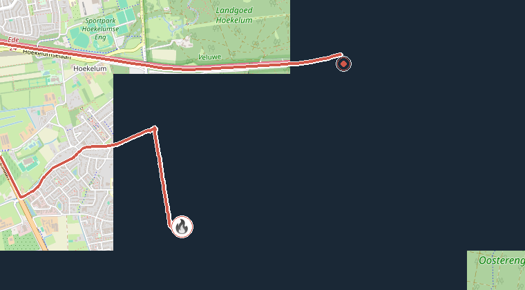 Kaart van de omgeving van de melding, met de kazerne die is gealarmeerd