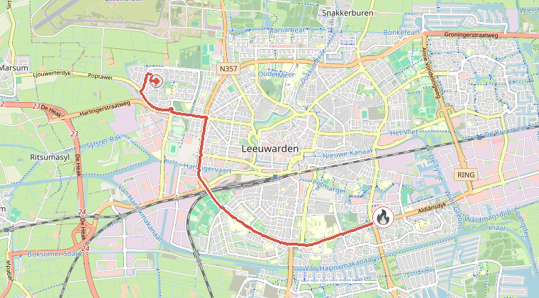 Kaart van de omgeving van de melding, met de kazerne die is gealarmeerd