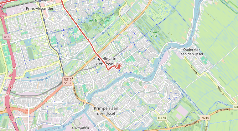 Kaart van de omgeving van de melding, met de kazerne die is gealarmeerd