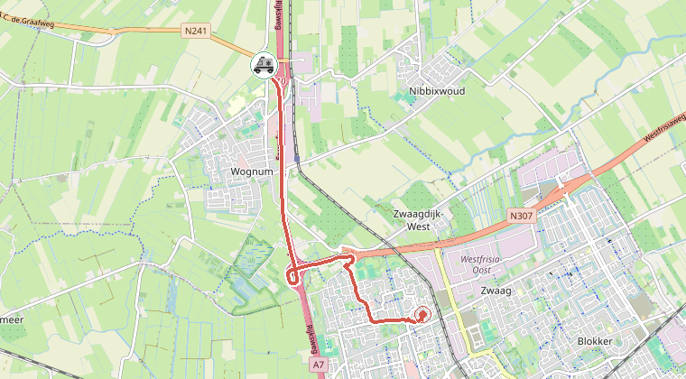 Kaart van de omgeving van de melding, met de kazerne die is gealarmeerd