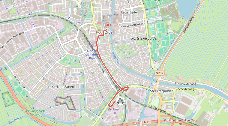 Kaart van de omgeving van de melding, met de kazerne die is gealarmeerd
