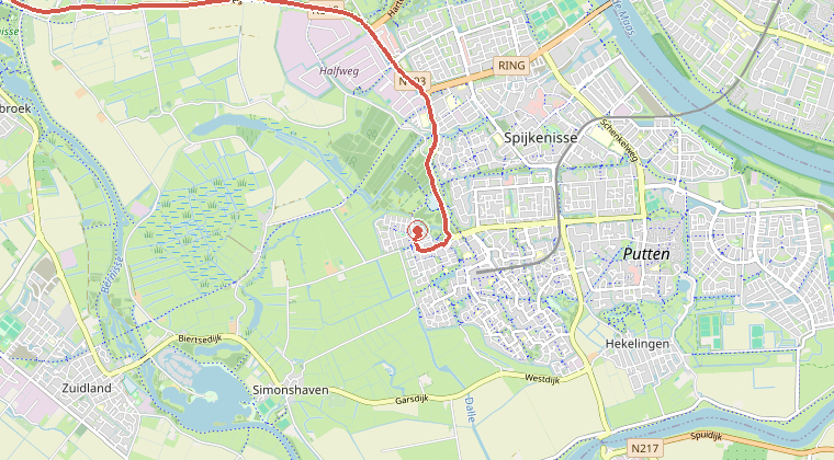 Kaart van de omgeving van de melding, met de kazerne die is gealarmeerd