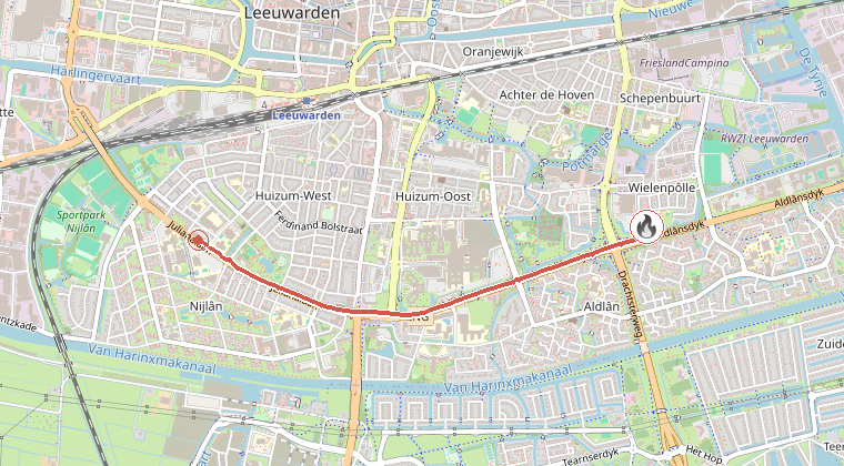 Kaart van de omgeving van de melding, met de kazerne die is gealarmeerd