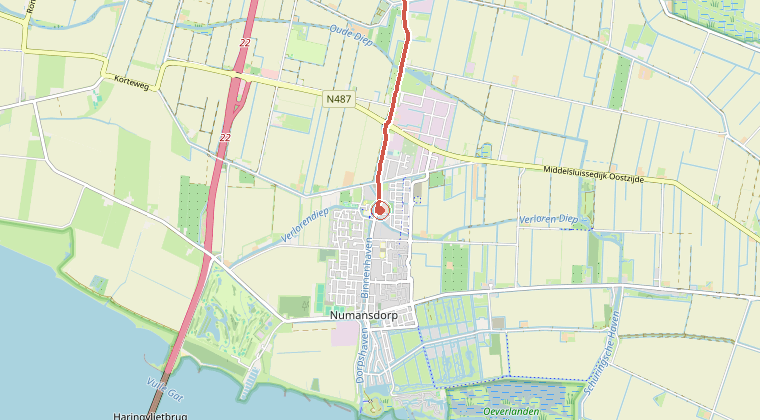 Kaart van de omgeving van de melding, met de kazerne die is gealarmeerd