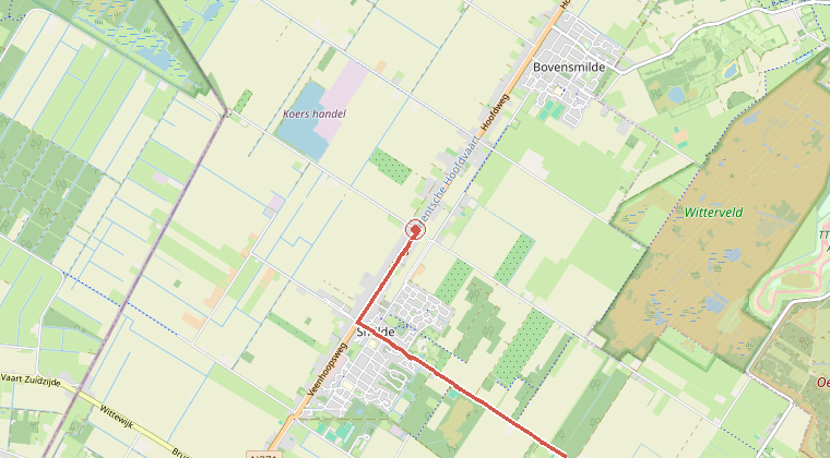 Kaart van de omgeving van de melding, met de kazerne die is gealarmeerd