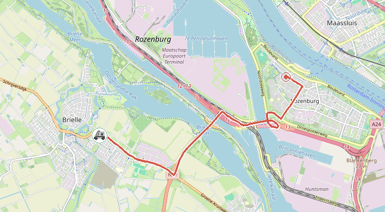 Kaart van de omgeving van de melding, met de kazerne die is gealarmeerd