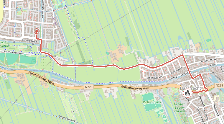 Kaart van de omgeving van de melding, met de kazerne die is gealarmeerd