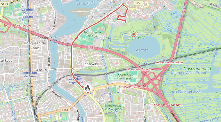 Kaart van de omgeving van de melding, met de kazerne die is gealarmeerd