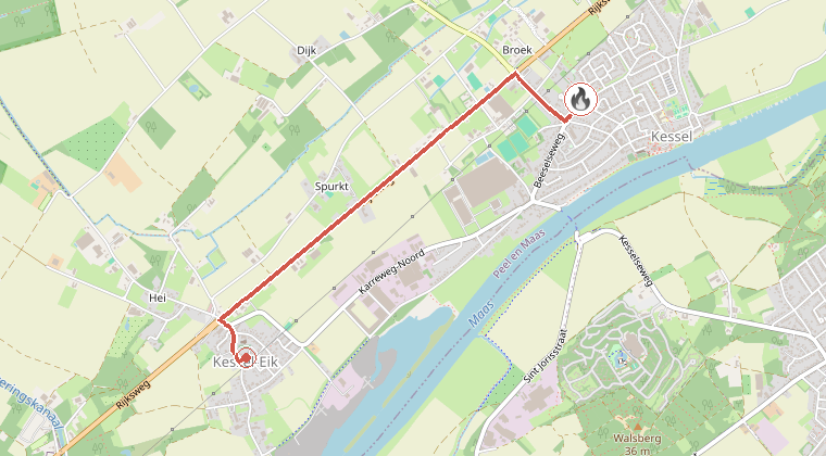 Kaart van de omgeving van de melding, met de kazerne die is gealarmeerd