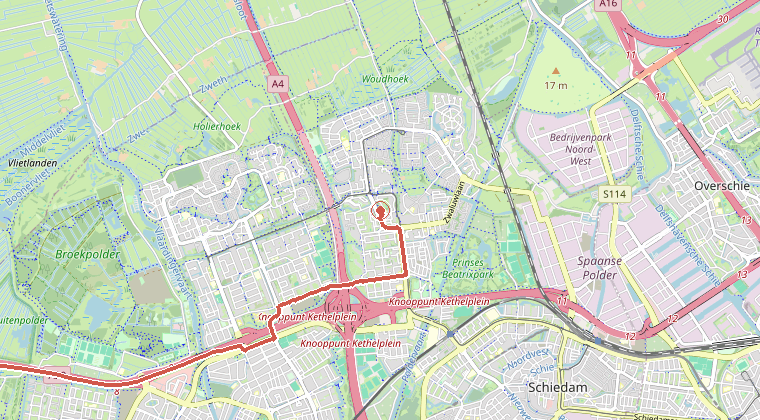 Kaart van de omgeving van de melding, met de kazerne die is gealarmeerd