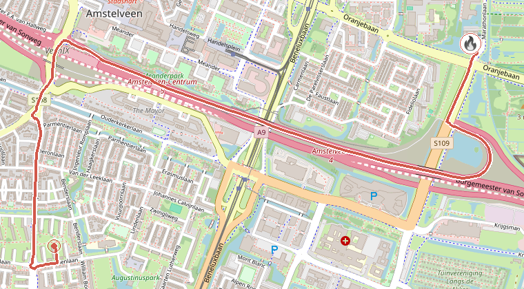 Kaart van de omgeving van de melding, met de kazerne die is gealarmeerd