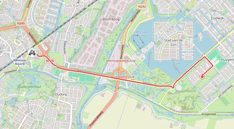 Kaart van de omgeving van de melding, met de kazerne die is gealarmeerd