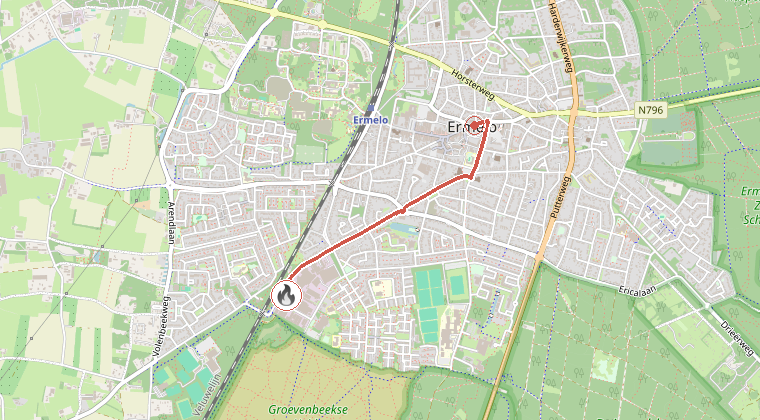 Kaart van de omgeving van de melding, met de kazerne die is gealarmeerd