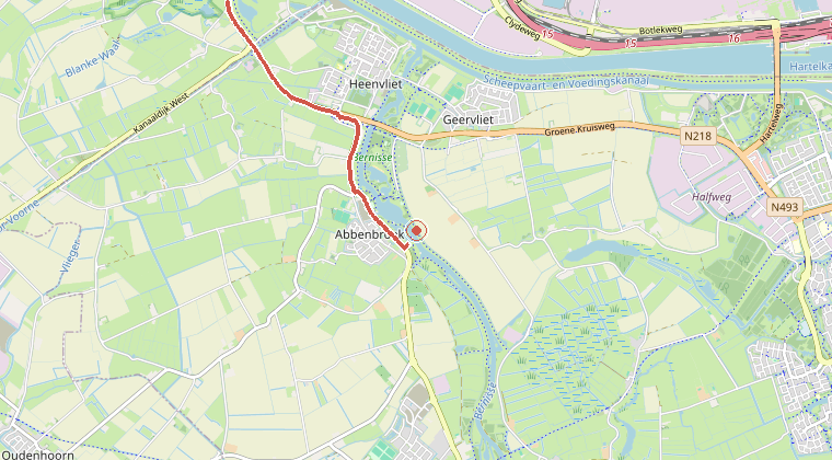 Kaart van de omgeving van de melding, met de kazerne die is gealarmeerd