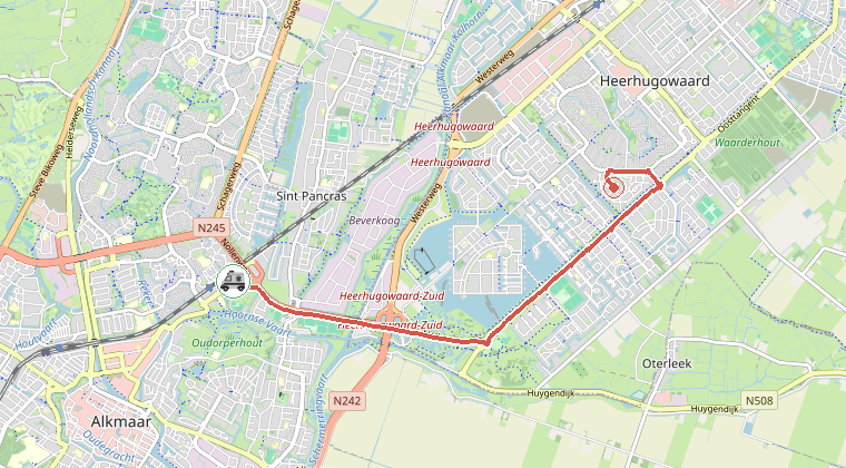 Kaart van de omgeving van de melding, met de kazerne die is gealarmeerd