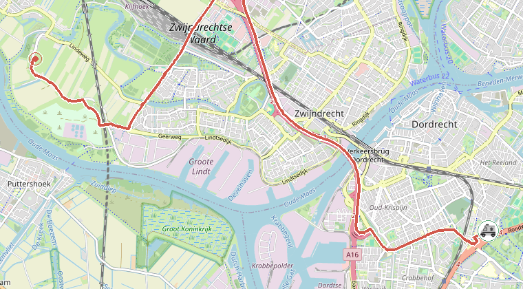 Kaart van de omgeving van de melding, met de kazerne die is gealarmeerd