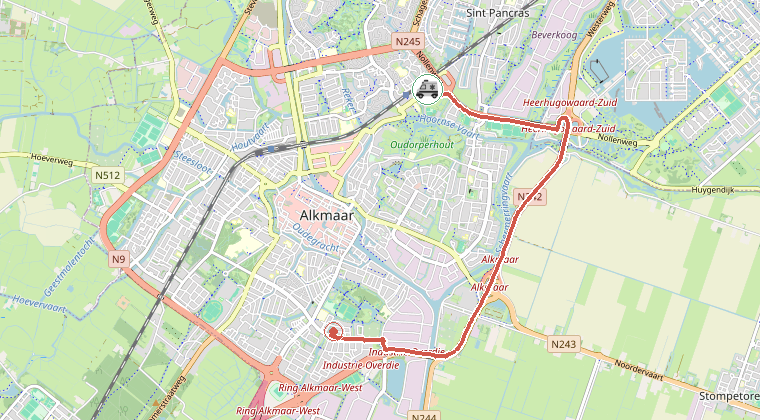 Kaart van de omgeving van de melding, met de kazerne die is gealarmeerd