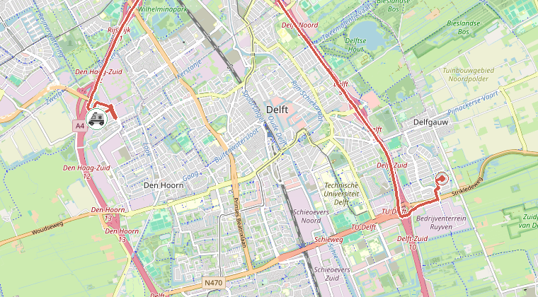 Kaart van de omgeving van de melding, met de kazerne die is gealarmeerd