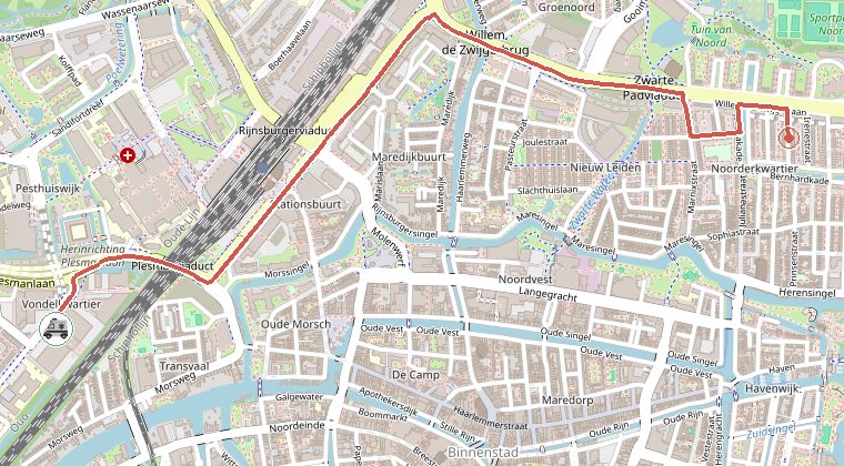 Kaart van de omgeving van de melding, met de kazerne die is gealarmeerd