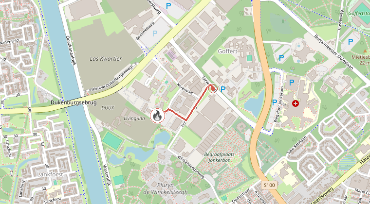 Kaart van de omgeving van de melding, met de kazerne die is gealarmeerd