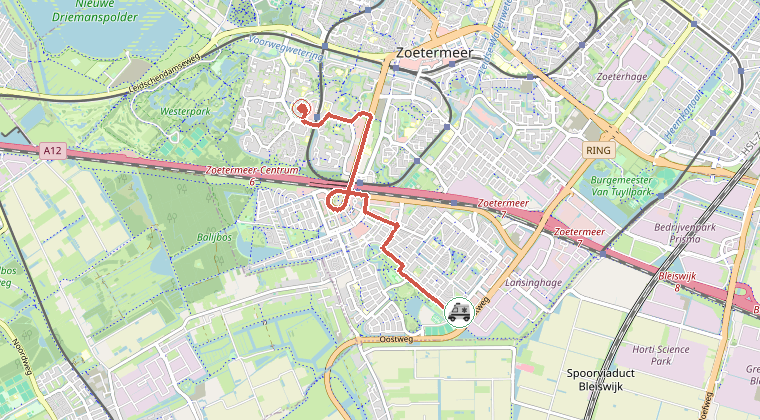 Kaart van de omgeving van de melding, met de kazerne die is gealarmeerd