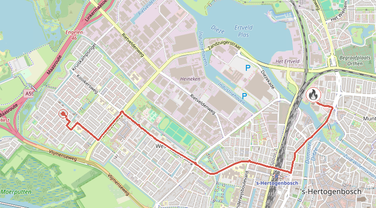 Kaart van de omgeving van de melding, met de kazerne die is gealarmeerd