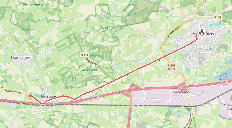 Kaart van de omgeving van de melding, met de kazerne die is gealarmeerd