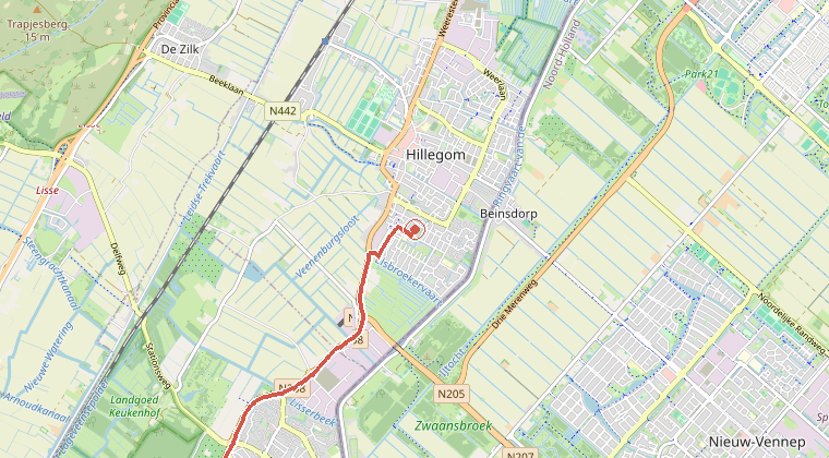 Kaart van de omgeving van de melding, met de kazerne die is gealarmeerd